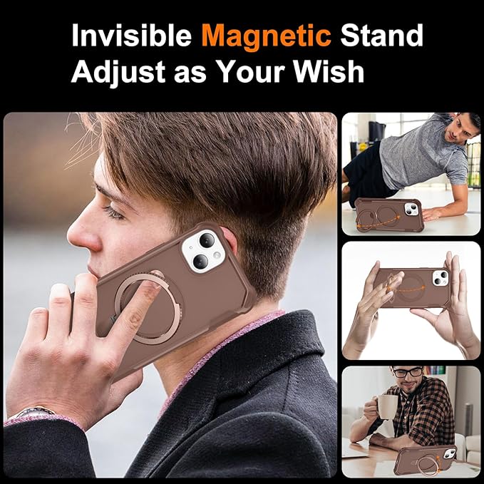 Compatible with iPhone 14 Plus Case & iPhone 15 Plus Case with Invisible Magnetic Ring Stand [Compatible with Magnetic] [Military Drop Protection] Shockproof Slim Cover 6.7 Inch, Khaki