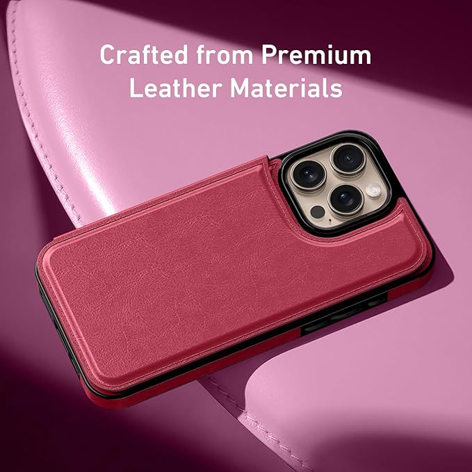 FUNMIKO for iPhone 16 Pro Wallet Case with Card Holder, RFID-Blocking, Military-Grade Protection & UV-Printed Artwork, Magnetic Closure with Leather Kickstand - Hot Pink