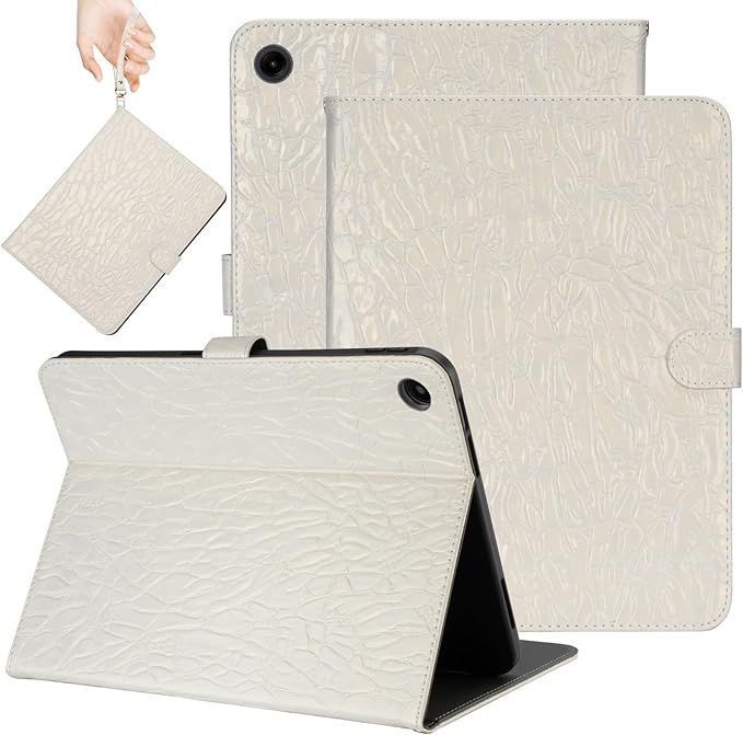 Elegant Case for Samsung Galaxy Tab A9 Plus 11 Inch 2023（Model: SM-X210/X216/X218）, Premium Leather Crocodile Cover | Stand | Card Pockets| Wrist Strap| S Pen Holde (Creamy White)