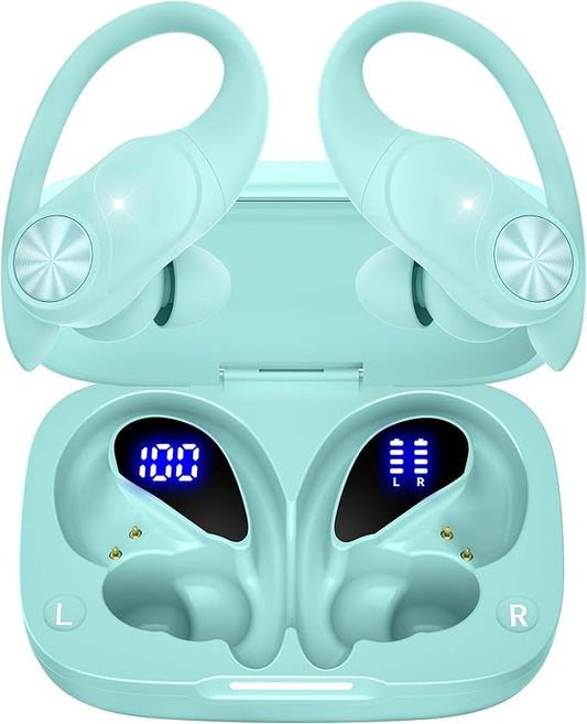 PocBuds Bluetooth Headphones Wireless Earbuds 80hrs Playtime Wireless Charging Case Digital Display Sport Ear buds with Earhook Deep Bass IPX7 Waterproof Over-Ear Earphones for Phone Laptop Mint Green