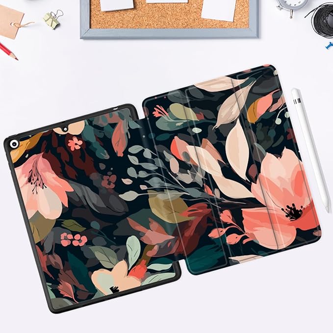 DONGKE Case Compatible with iPad 10.2 Inch 2021 2020 2019 iPad 9th/8th/7th Generation with Pencil Holder, Slim Stand Protective Case with Soft TPU Back, Auto Sleep/Wake Cover, Painted Florals