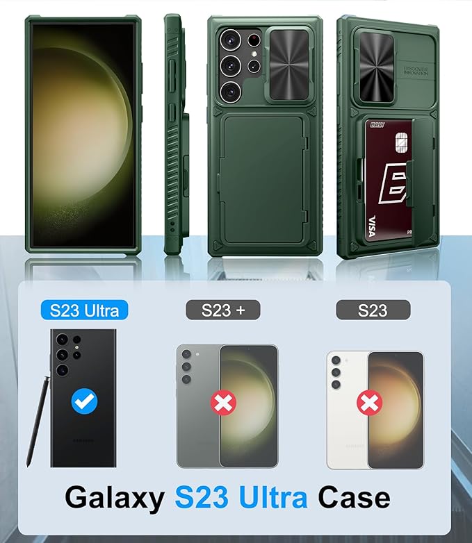 for Samsung Galaxy S23 Ultra Case with Card Holder (Store 4-5 Cards) & Kickstand & Slide Lens Cover, Military Grade Drop Protection, Rugged Silicone Wallet Case for Samsung S23 Ultra, Green