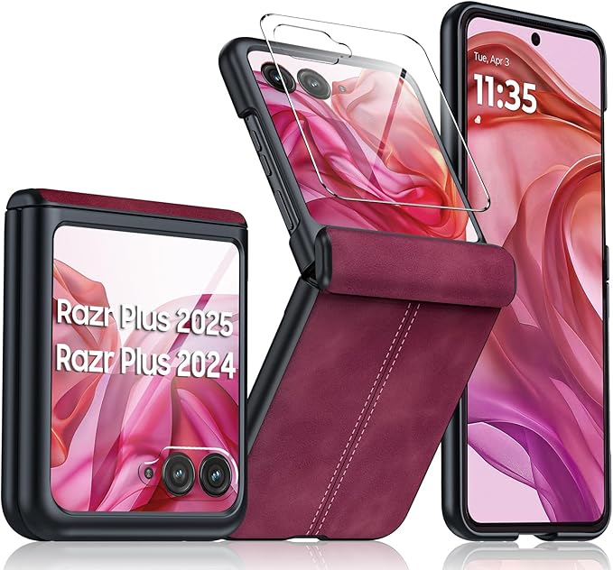 for Motorola razr+ Plus 2024 Case/Razr+ Plus 2025 Case Built-in Screen Protector& Hinge Protection & Ultra Thin PU Leather Matte PC Shockproof Phone Case for Moto Razr+ 2024/Razr+ 2025 (Red)