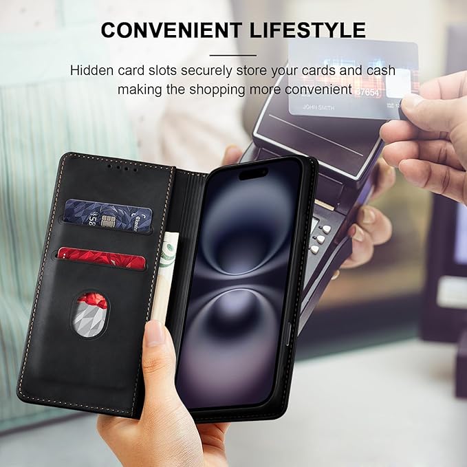 Jasonyu Flip Wallet Case for iPhone 16 Plus,Leather Magnetic Folio Cover with Card Holder,Kickstand - TPU Shockproof Durable Protective Phone Case,Black