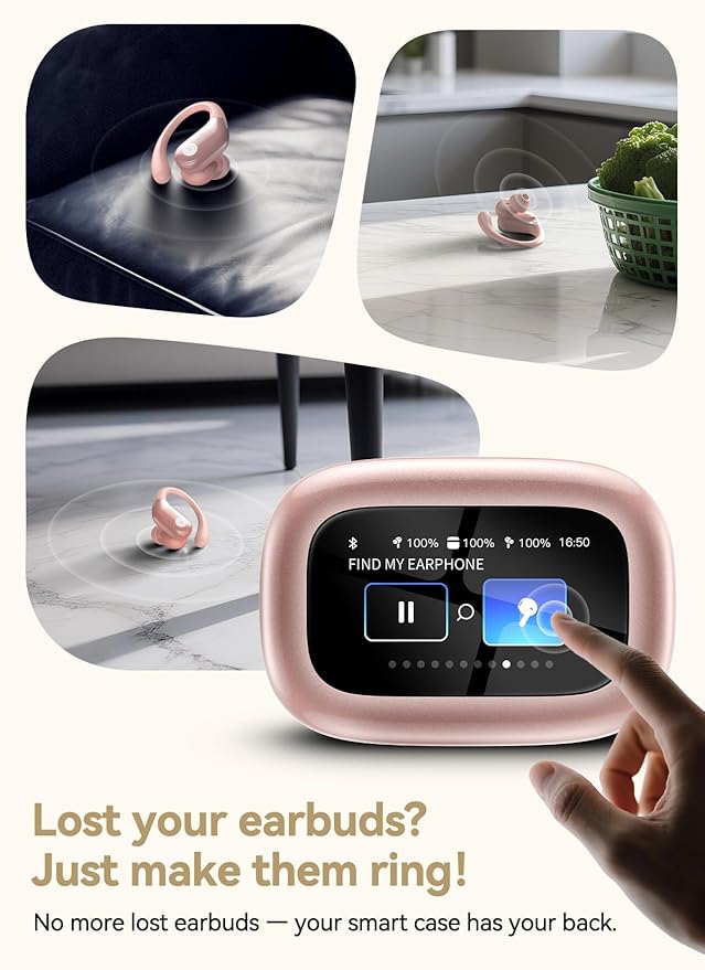 Wireless Earbuds, ENC Noise Cancelling Sport Ear Buds with Multifunctional Touch Screen, IPX7 Waterproof Bass Stereo Sound Earphone for Workout/Running, Rose Gold