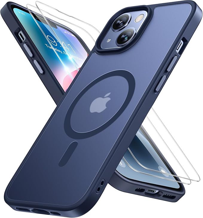 Miracase Magnetic for iPhone 14 Plus Case 6.7 inch (Compatible with MagSafe)（with 2X Screen Protectors） Military-Grade Protection, Anti-Fingerprint Translucent Matte Phone Case Cover, Dark Blue