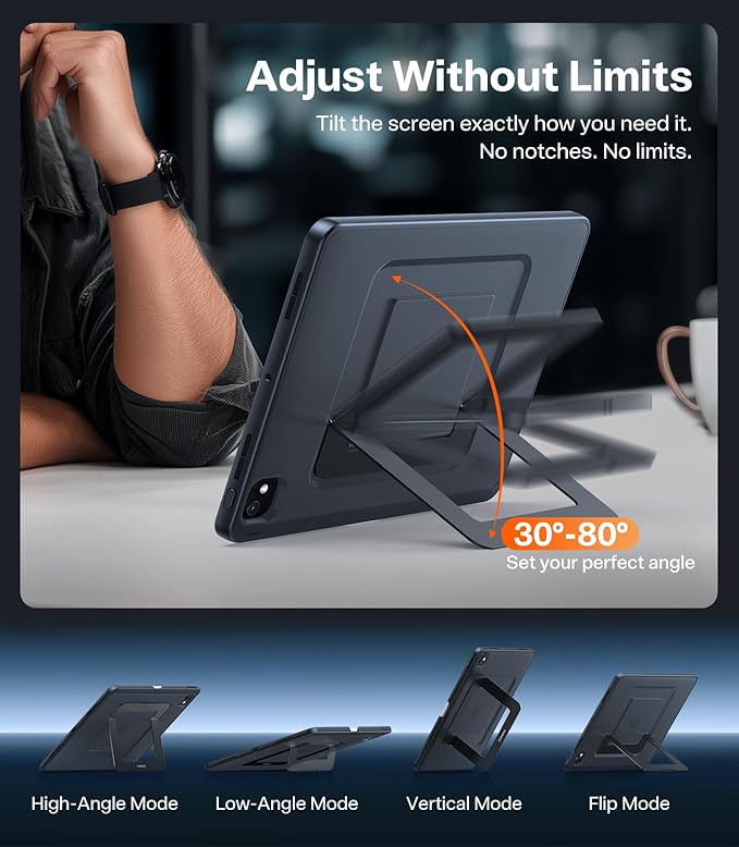 TORRAS Ostand for iPad Pro 11 inch Case 2024 (M4) Ultra Stable Stand, Multiple Adjustable Viewing Angles, Slim Protective Kickstand Cover, Translucent iPad 11 Pro Case with Pencil Holder, Black