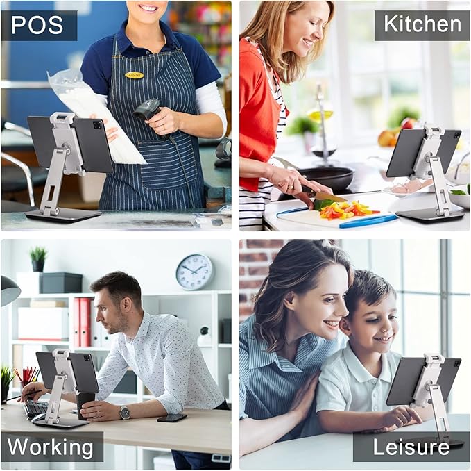 Tablet Stand Adjustable & Foldable, 360° Swivel Heavy Aluminum Tablet Holder for Desk, Compatible with iPad Pro/Air/Mini, Galaxy Tab, Surface Pro, Kindle Fire (7-13") (Silver)