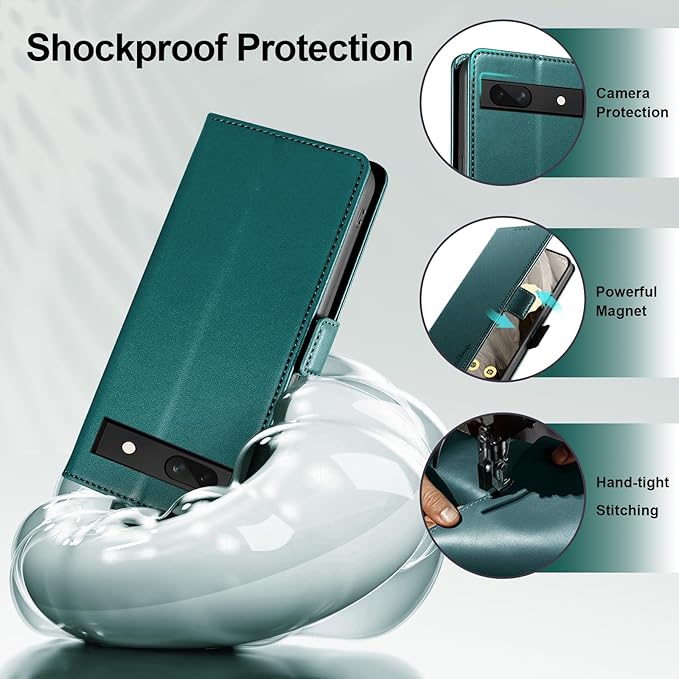 Wallet Flip Case for Google Pixel 7A - [RFID Blocking] Luxury PU Leather Card Holder Magnetic Phone Cover with Kickstand,Shockproof Protective Case,Green