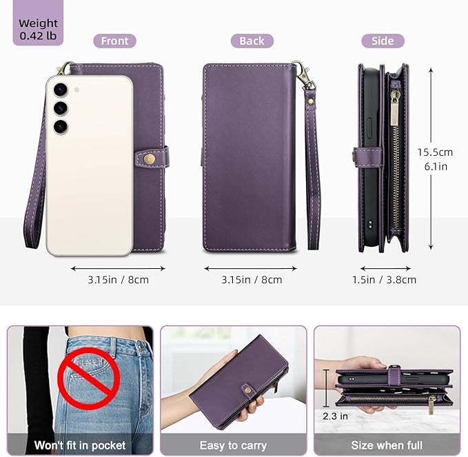 TwoHead for Samsung Galaxy S23 Wallet Case with Card Holder & Detachable Magnetic Phone Case for Galaxy S23,PU Leather Shockproof Protective Phone Cover Wallet with Wrist Strap(6.1 in,Deep Purple)