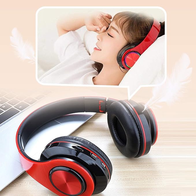 Wireless Bluetooth Headphones with Colorful LED Lights, Built-in Mic, Light Weight, Foldable, Wired HiFi Stereo Headphones for Classroom/Home Office/PC/Mobile Phone/Kids Adult (Red Black)