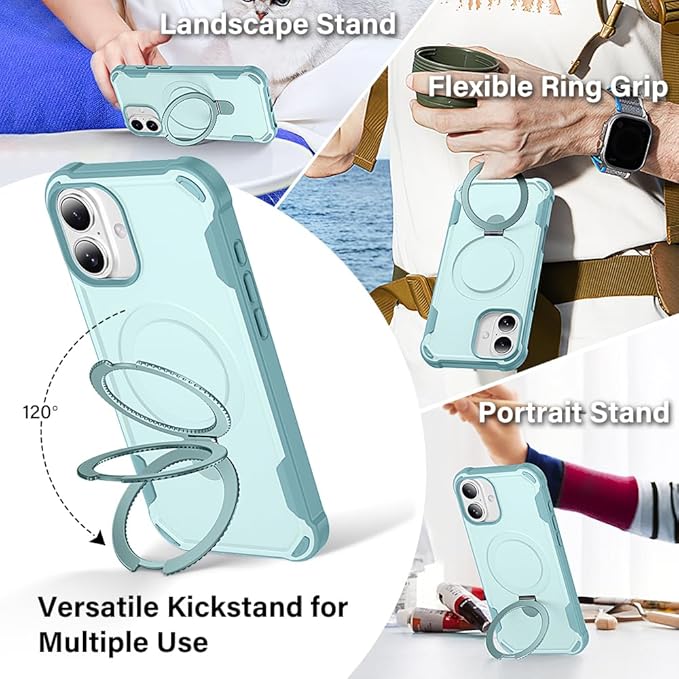 Designed for iPhone 16 Plus Case with Magnetic Stand [Military Drop Protection][Compatible with Magnet] Shockproof 16 Plus Phone Case with Ring Holder, Green