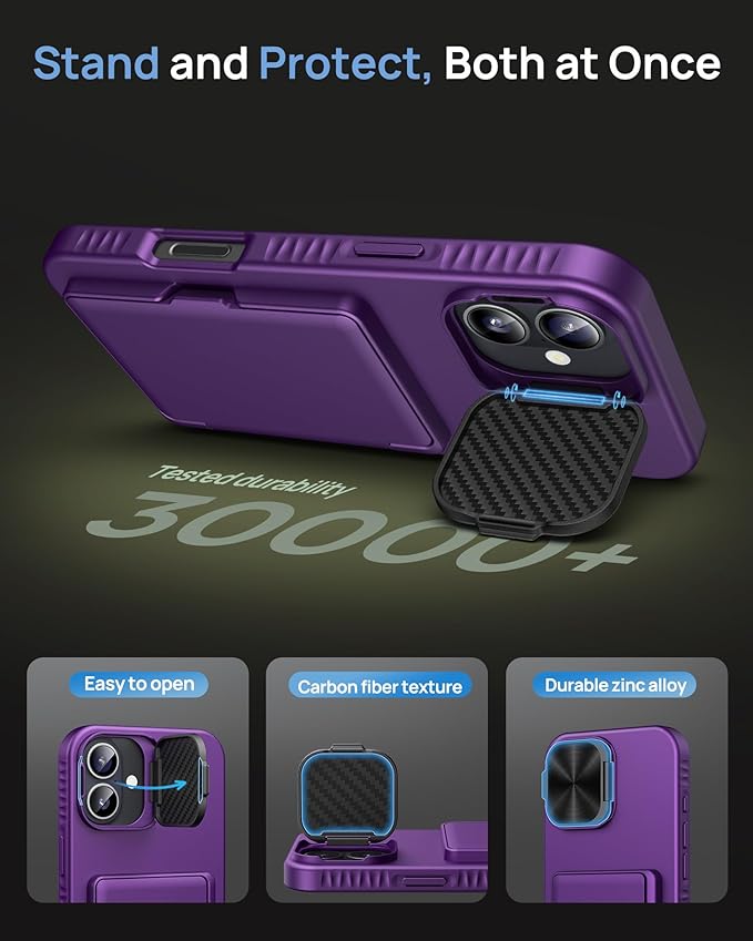 for iPhone 16 Plus Case Wallet, Built-in Credit Card Holder & Stand & Camera Cover, Military Grade Drop Tested Soft Silicone Edge Rugged Protective Phone Case for iPhone 16 Plus 2024, Purple