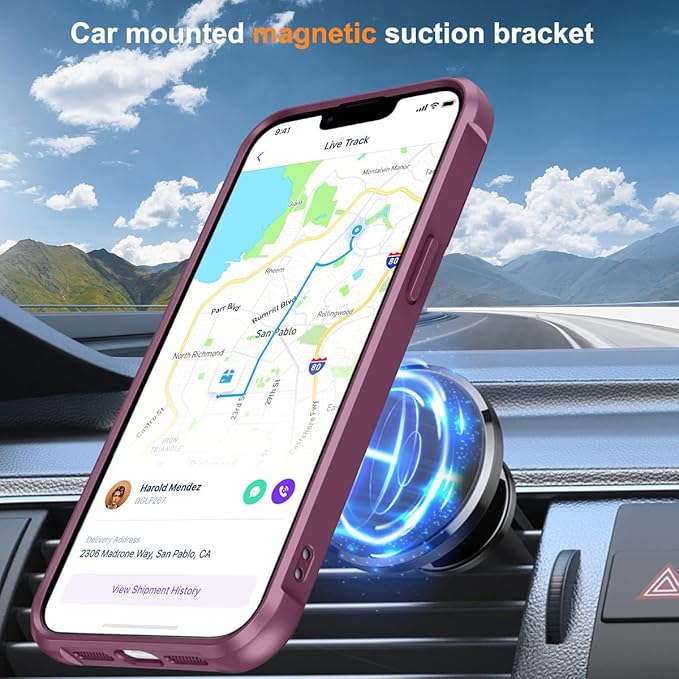 Magnetic Compatible with iPhone 13 Pro Max Case with Stand [Military Grade Drop Tested][Compatible with Magnet] Ring Translucent Slim Hard Back Soft Edge, Wine Red