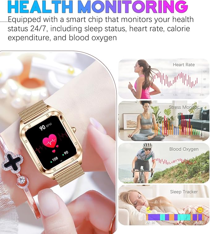Smart Watch for Women, 1.59'' Full Touch Women's Smartwatch with Female Health Tracking, Fitness Tracker Heart Rate Monitor, Waterproof Sports Smartwatch for Android iOS (Gold Mesh RT-i98)