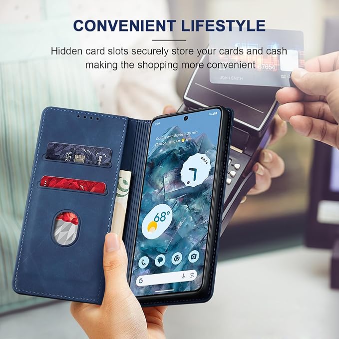 Jasonyu Flip Wallet Case for Google Pixel 8 Pro,Leather Magnetic Folio Cover with Card Holder,Kickstand - TPU Shockproof Durable Protective Phone Case,Blue