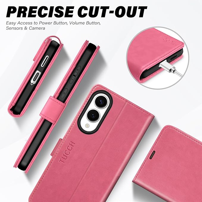 TUCCH Case Wallet for Galaxy S25 Edge, PU Leather Magnetic Kickstand [RFID Blocking] [4 Card Slots] Folio Flip Cover with [TPU Shockproof Interior Case] Compatible with Galaxy S25 Edge 6.7", Hot Pink