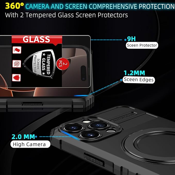 for iPhone 16 Pro Max Case Magnetic Compatible with MagSafe Wireless Charging,with 2 Screen Protectors,with Kickstand Shockproof Shock-Absorbent Heavy Duty Protection Scratch Resistant Black