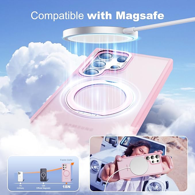 Compatible with Samsung Galaxy S22 & S23 Ultra Case with 360Rotatable Magnetic Ring Stand Compatible with Mag-Safe Military Protection Shockproof Translucent Phone Case,Pink