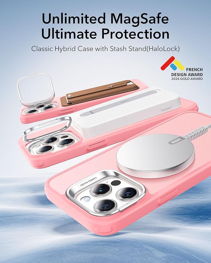 ESR for iPhone 15 Pro Max Case, Compatible with MagSafe, Military-Grade Protective Case, Built-in Stash Stand Phone Case, Scratch-Resistant Back Cover, Classic Series,Frosted Pink