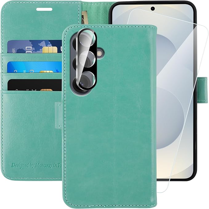 MONASAY Wallet Case Fit for Samsung Galaxy S25 5G, [Lens & Glass Screen Protector Included] [RFID Blocking] Flip Folio Leather Cell Phone Cover with Credit Card Holder, 6.2 inch, Mint