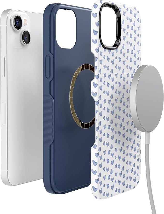Casely iPhone 14 Case | Lovebug | Blue Hearts | Compatible with MagSafe | Bold Protective Design