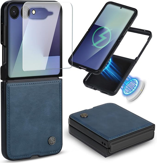 ASAPDOS Leather Folio Magnetic Case for Samsung Galaxy Z Flip 7 [Compatible with MagSafe],Built-in Screen Protector and PU Leather Thin Slim Protective Case Cover Blue