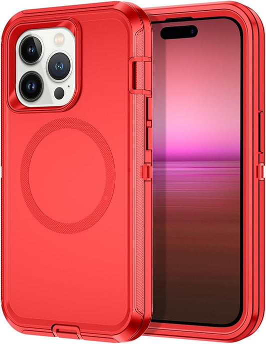 for iPhone 14 Pro Max Case [Compatible with MagSafe] Shockproof 3-Layer Full Body Protection Rugged Heavy Duty Cover Case for Apple iPhone 14 Pro Max 6.7",Red
