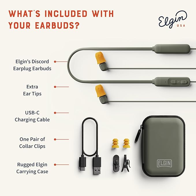 Elgin Discord Gen 3 Bluetooth Earplug Earbuds, OSHA Compliant Wireless in-Ear Headphones, 31dB NRR ANSI Certified Noise Isolation, Dynamic 8mm Driver, USB-C Charging, 14-Hour Playback