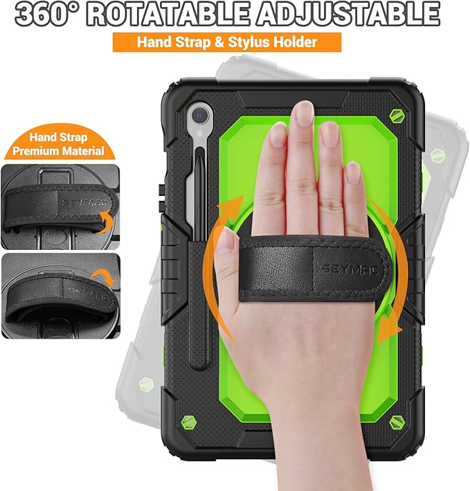 SEYMAC for Samsung Galaxy Tab S10 Lite/ S10 FE/ S9 FE/ S9 5G Case (10.9''/11''), Heavy Duty Shockproof Protective Case with Screen Protector, Rotating Stand, Hand Strap and Pen Holder, Green