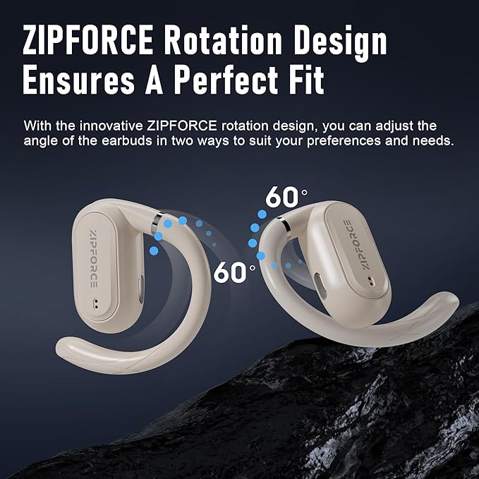 ZIPFORCE True Wireless Earbuds, Open-Ear Bluetooth 5.3 Headphones 4-Mics ENC Clear Call, OWS Bluetooth Earbuds Touch Control, IPX6 Waterproof TWS, Light-Weight Earphones