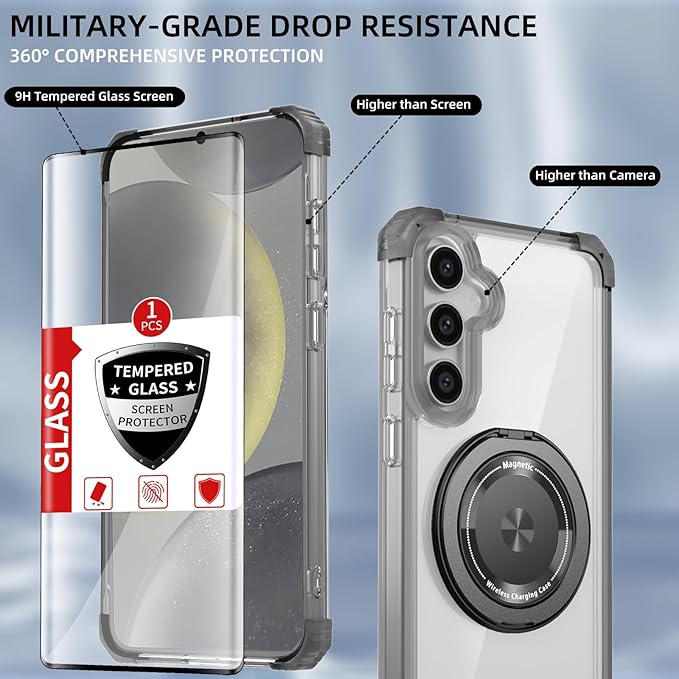 for Samsung Galaxy S24 Case Magnetic Compatible with MagSafe Wireless Charging,with 360°Kickstand Ring,for S24 Phone Case with Screen Protector,Military Grade Drop Protection Shockproof Black