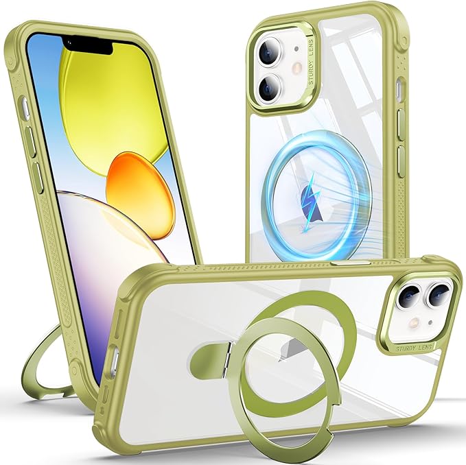 Anqrp O-Ring Magnetic Kickstand Clear Case for iPhone 12/12 Pro, Compatible with Mag-Safe, Military-Grade Reinforced 4-Corners Anti-Yellowing Transparent Phone Case Cover for iPhone 12/12 Pro, Green