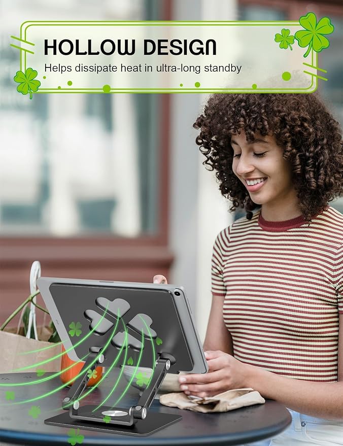 Tablet Stand for iPad, 360° Rotating Aluminum Desktop Holder – Adjustable & Foldable Desk Stand Compatible with iPad Pro 12.9/11, Air 10.9, Samsung Tab S9, Portable for Home Office, Black