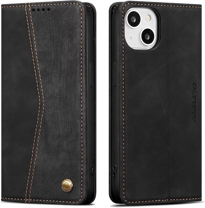 QLTYPRI Case for iPhone 14, Vintage PU Leather Wallet Case Card Slot Kickstand Magnetic Closure Shockproof Flip Folio Book Case Cover for iPhone 14(6.1 inch) - Retro Black