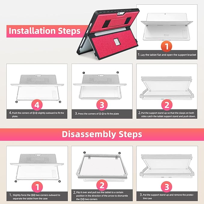 Case fit Microsoft Surface Pro 11/10 /9/8 13-Inch, with Stent Cover, Hand Strap, All-in-one Rugged Case Compatible with Type Cover Keyboards, Red