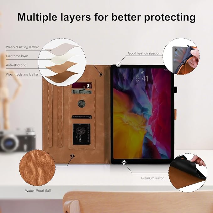 Dandelion Cover for Galaxy Tab A9 Plus Case (SM-X210/X216/X218, 11 Inch 5G), Artsy Design, Premium Faux Leather Made, Card Slots, Kickstand, Brown