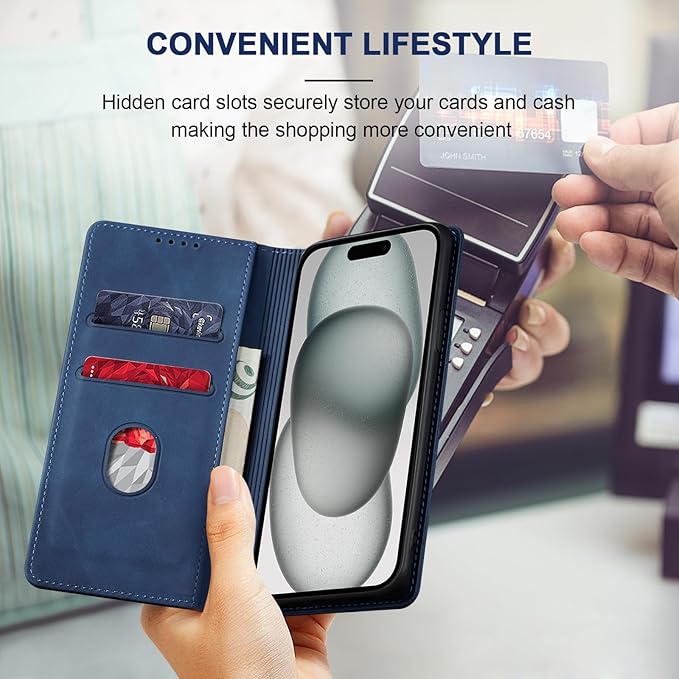 Jasonyu Flip Wallet Case for iPhone 15 Plus,Leather Magnetic Folio Cover with Card Holder,Kickstand - TPU Shockproof Durable Protective Phone Case,Blue