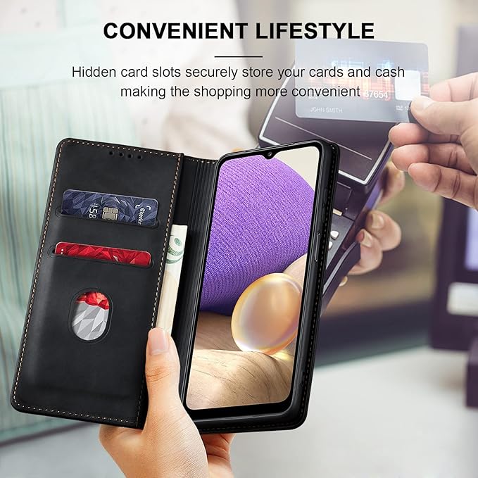 Jasonyu Flip Wallet Case for Samsung Galaxy A32 5G,Leather Magnetic Folio Cover with Card Holder,Kickstand - TPU Shockproof Durable Protective Phone Case,Black