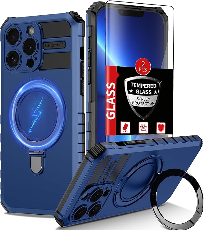 for iPhone 13 Pro Case Magnetic Compatible with MagSafe Wireless Charging,with 2 Screen Protector,with Kickstand Ring Shockproof Shock-Absorbent Heavy Duty Protection Scratch Resistant Blue