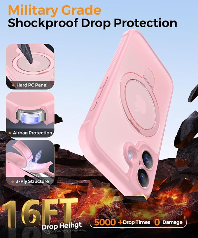 MOCCA Compatible with iPhone 17 Case with Magnetic Invisible Stand [Full Camera Protection] [Compatible with Magsafe] Military Drop Shockproof Translucent Matte Phone Case Cover 6.3",Pink