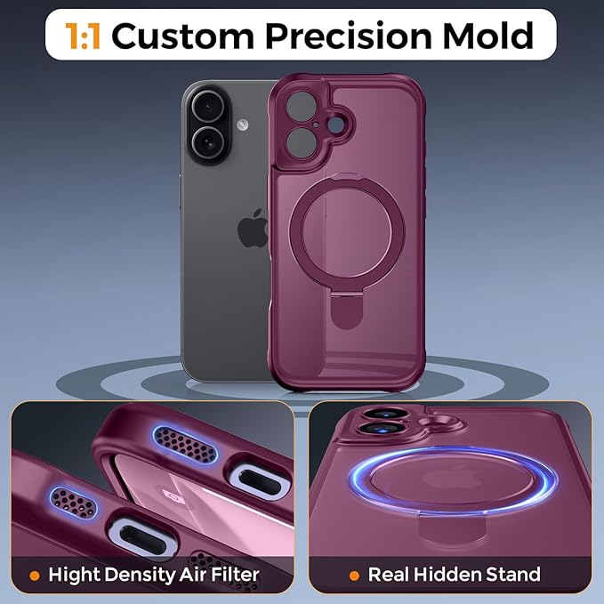 MOCCA Compatible with iPhone 17 Case with Magnetic Invisible Stand [Full Camera Protection] [Compatible with Magsafe] Military Drop Shockproof Translucent Matte Phone Case Cover 6.1",Wine Red