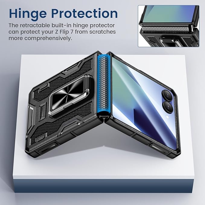 VEGO for Galaxy Z Flip 7 Case, 360° Rotatable Ring Kickstand & Belt Clip Holster & Tempered Glass Camera Screen Protector & Hinge Protection, Shockproof Case for Samsung Flip 7 5G - Black