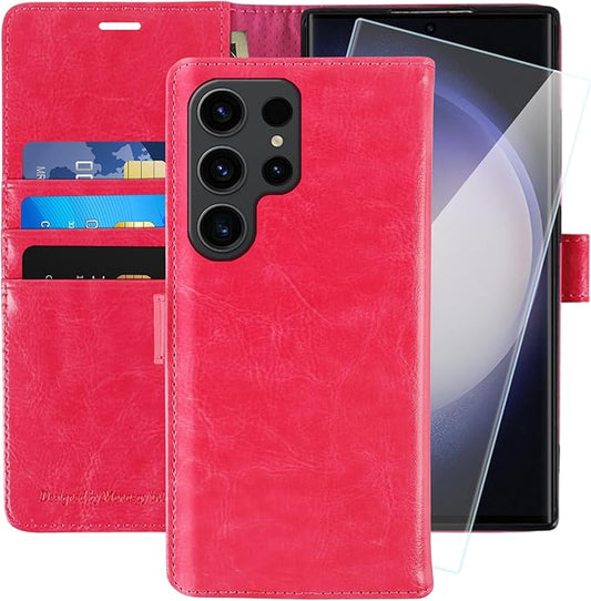 MONASAY Wallet Case Compatible for Galaxy S23 Ultra 5G,[RFID Blocking] Flip Folio Leather Cell Phone Cover with Credit Card Holder, 6.8 inch, Hot-Pink