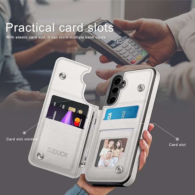 DJDUCK Designed for Samsung Galaxy S25 Case Wallet with Card Holder, [Magnetic Clasp Cover] [RFID Blocking Leather Protection] Shockproof Women Men Cases for Samsung S25 Creamy-White