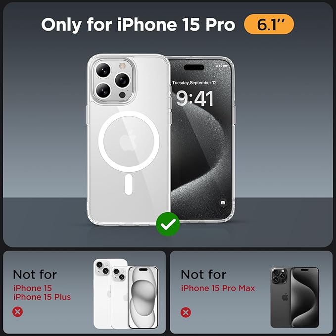 Miracase Magnetic for iPhone 15 Pro Case 6.1 inch (Compatible with MagSafe)（with 2X Screen Protectors）Military-Grade Protection, Anti-Fingerprint Translucent Matte Phone Cover, Clear