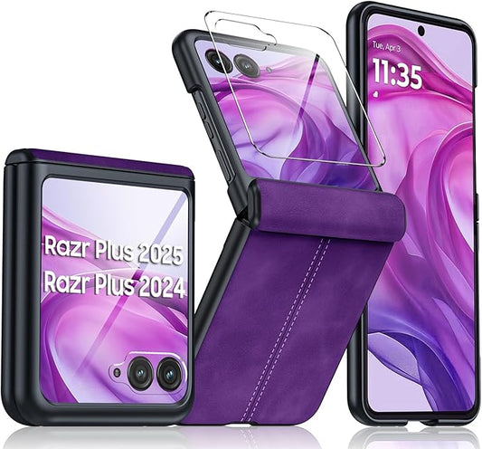 for Motorola razr+ Plus 2024 Case/Razr+ Plus 2025 Case Built-in Screen Protector& Hinge Protection & Ultra Thin PU Leather Matte PC Shockproof Phone Case for Moto Razr+ 2024/Razr+ 2025 (Purple)