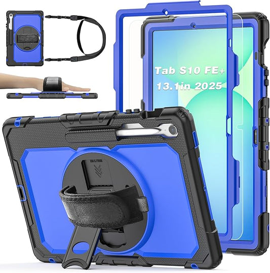 Case for Samsung Galaxy Tab S10 FE Plus 5G Tablet 13.1'', Shockproof Protective Cover with Tempered Glass Screen Protector, Rotatable Kickstand, S Pen Holder, Hand/Shoulder Strap, Blue
