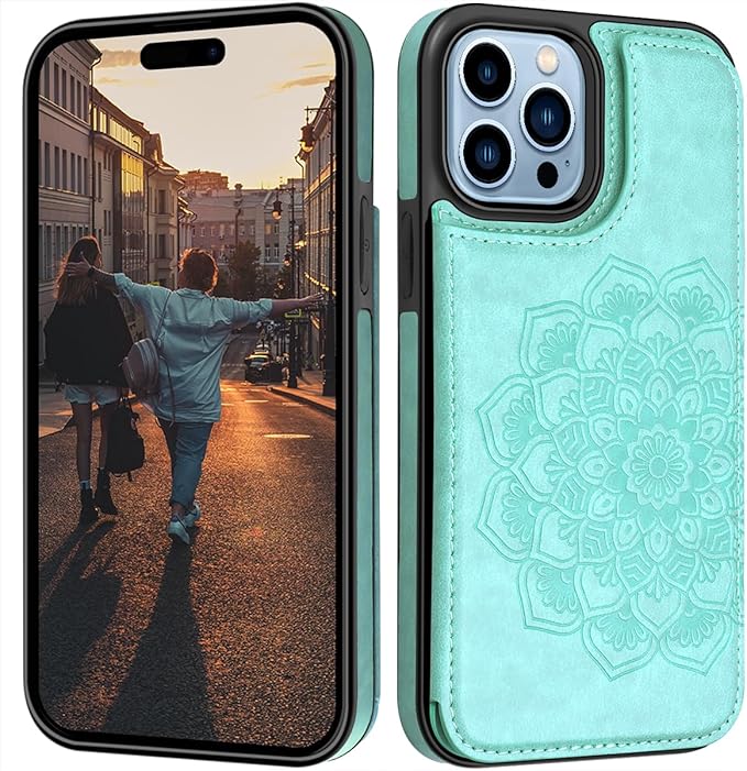 MMHUO for iPhone 15 Pro Max Case with Card Holder,Flower Magnetic Buttons Protective Wallet Case for Women for iPhone 15 Pro Max,Mint