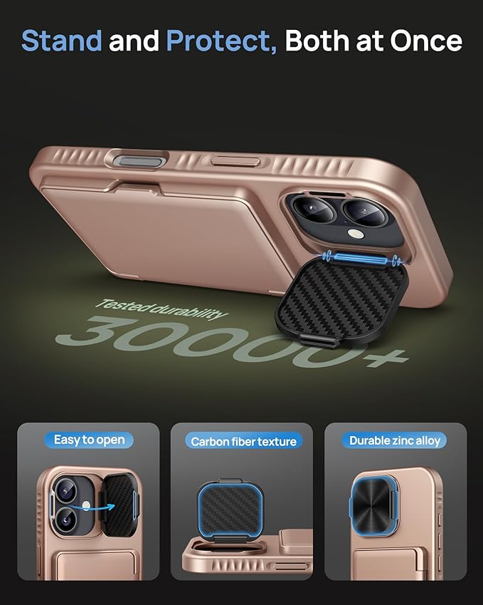 for iPhone 16 Case with Card Holder & Camera Lens Cover & Stand, Military Grade Drop Protection Shockproof Rugged Kickstand Wallet Protective Phone Case Cover for iPhone 16 6.1" 2024, Rose Gold